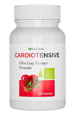 Изображението показва бутилка с добавка, наречена "Cardiotensive", с подзаглавие "Olive Leaf Extract Formula". Опаковката е с бял дизайн и цветни детайли, включително изображение на червено сърце и зелени листа (представляващи сърдечно-съдовото здраве), с икона на капка до тях. Етикетът показва, че бутилката съдържа 20 таблетки. Логото на производителя "La Crea" се намира в горната част на етикета.